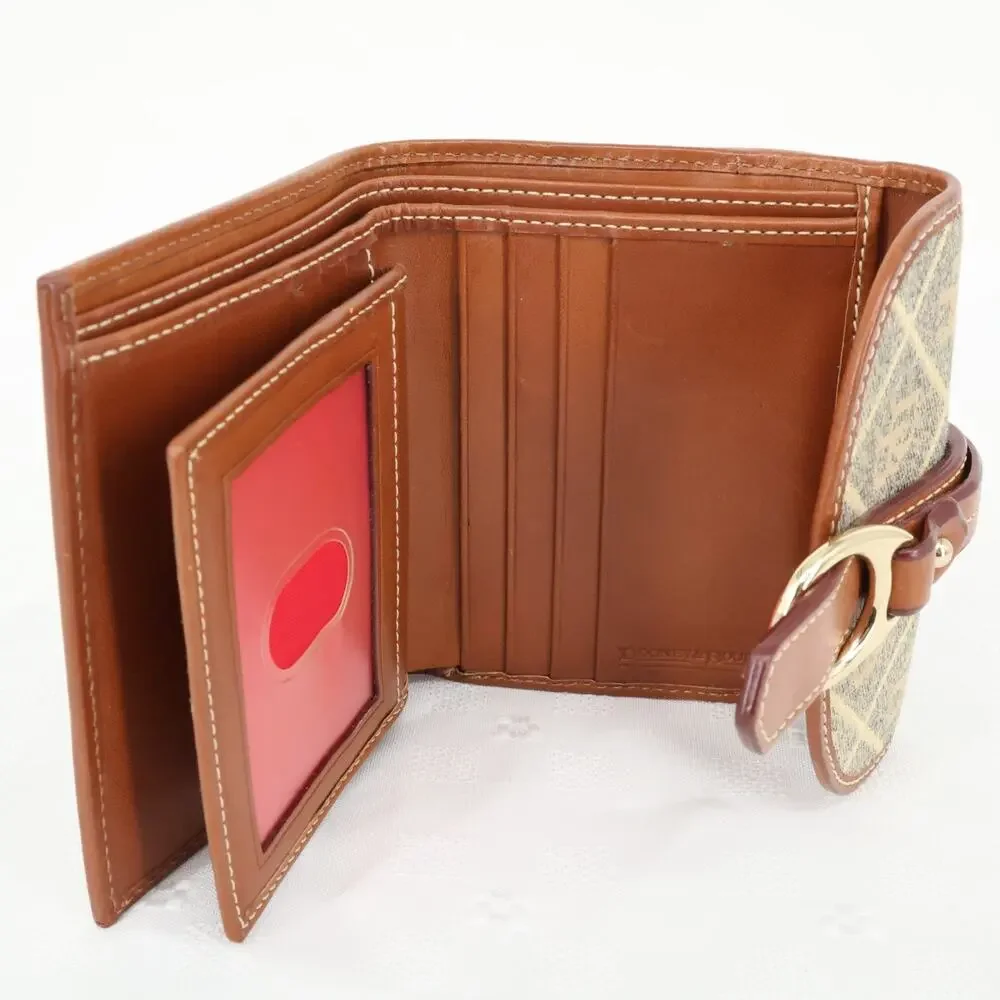 Dooney and Bourke Wallet Womens Beige Brown Fabric Logo Leather Trim Snap Vtg